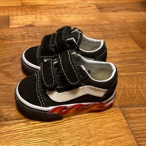 Vans Baby Kids Black and White Flame Sneakers Velcro Crib Toddler Shoes